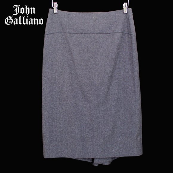 John Galliano Dresses & Skirts - John Galliano Gray Wool Flannel Midi Skirt Peplum Back Fluted Hem Size 8/Medium